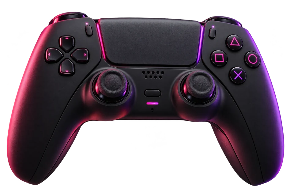Black controller with pink and violet accent lighting